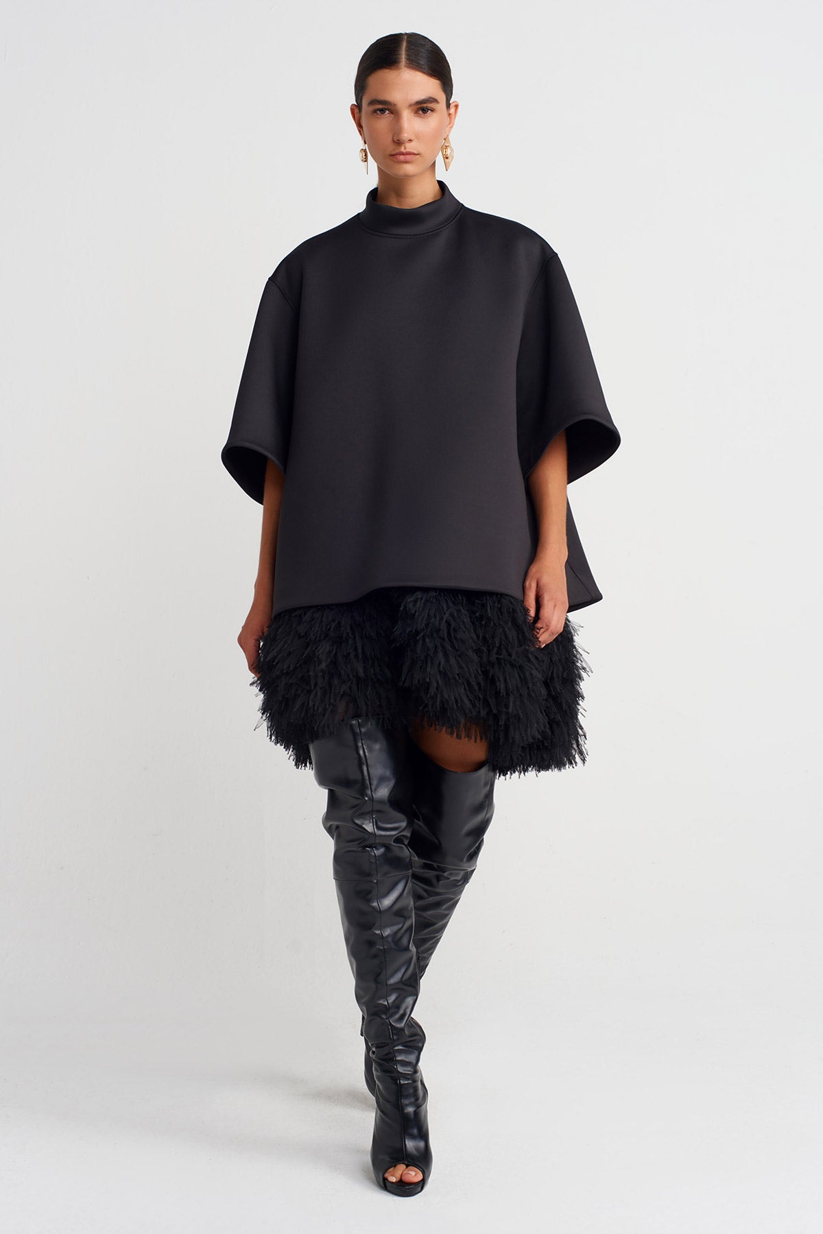 Black Black Scuba Fabric Mock Neck Top-K251011112