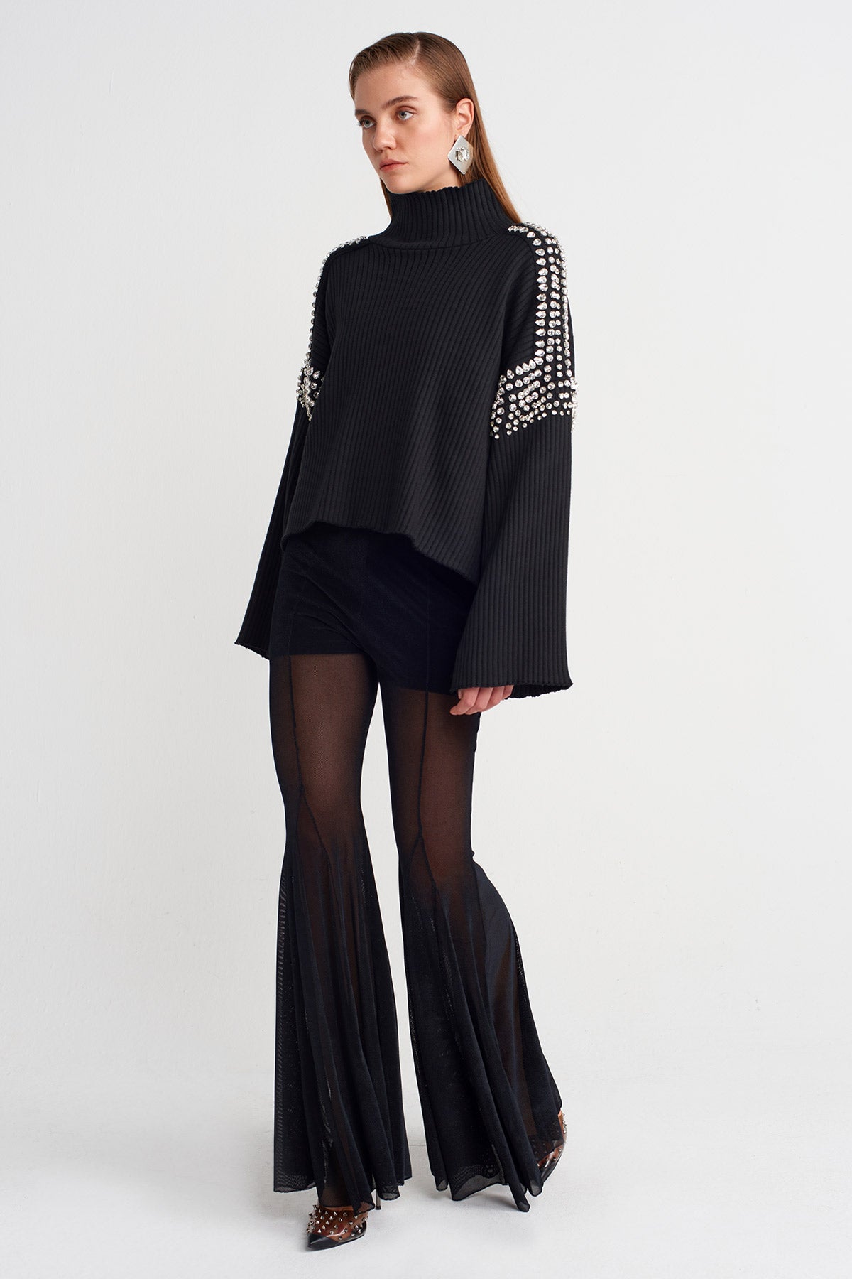 Black Knit Sweater with Stone Embellished Shoulders and Sleeves-K251011113