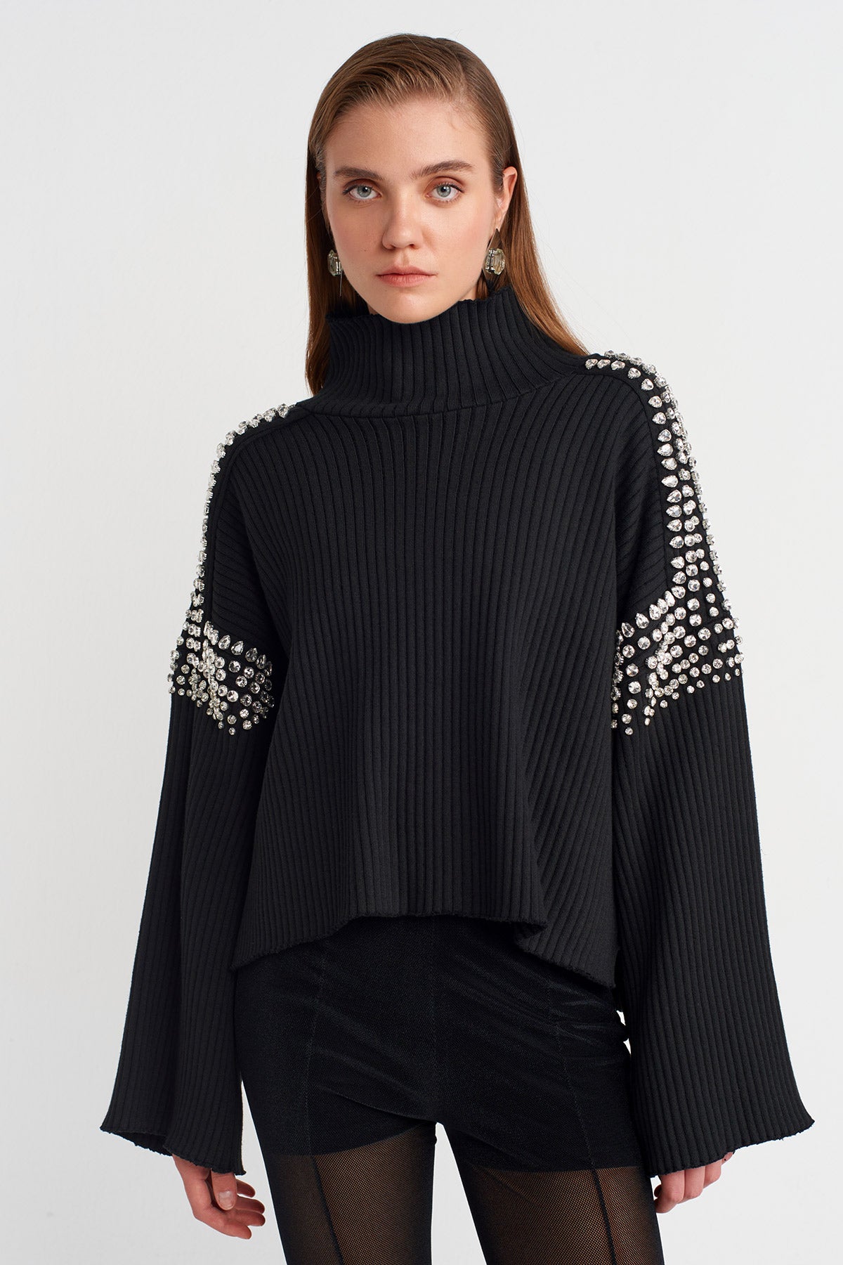 Black Knit Sweater with Stone Embellished Shoulders and Sleeves-K251011113