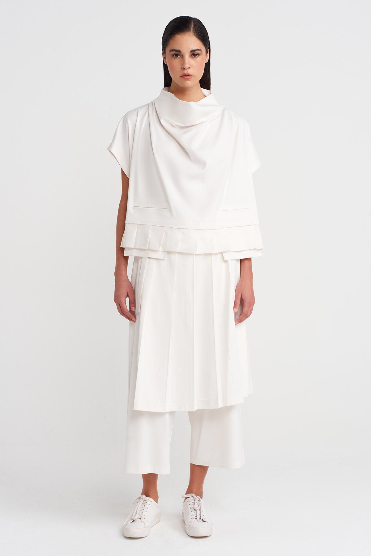Off White Boat Neck, Pleated Blouse with Pockets-K251011119