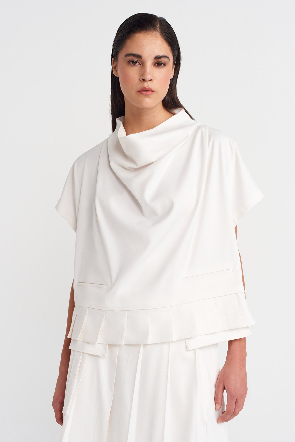 Off White Boat Neck, Pleated Blouse with Pockets-K251011119