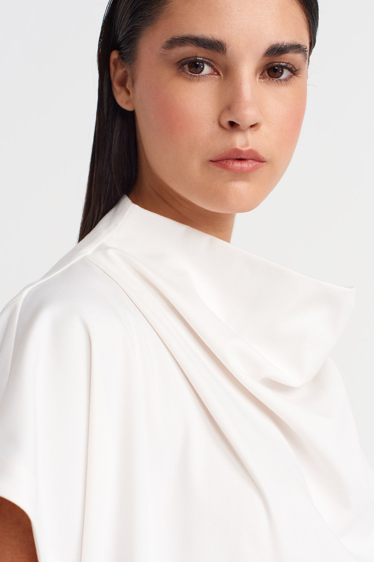 Off White Boat Neck, Pleated Blouse with Pockets-K251011119