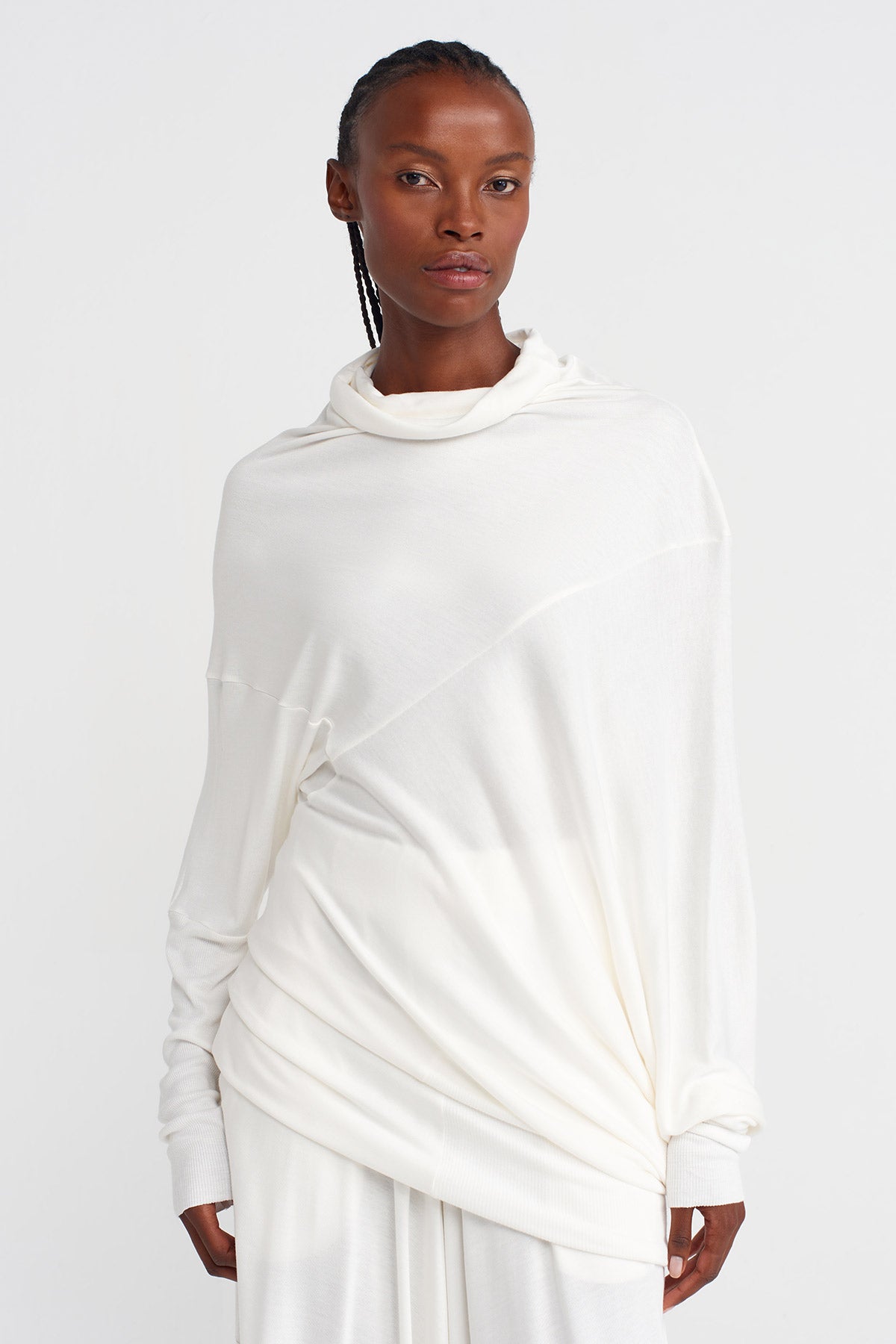 Off White Asymmetric, Drop Sleeve Blouse-K251011121