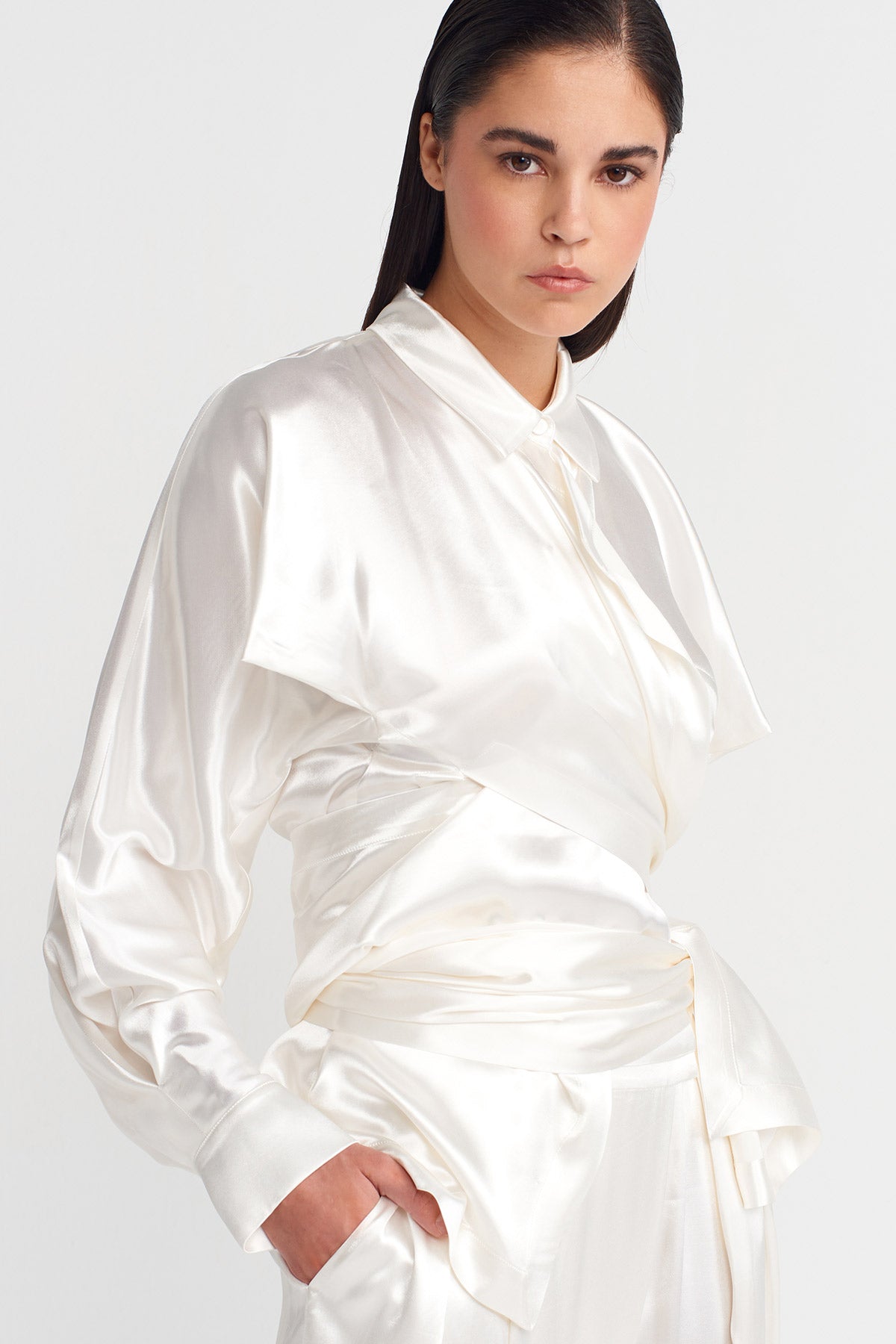 Off White Satin Samurai Shirt-K251011122