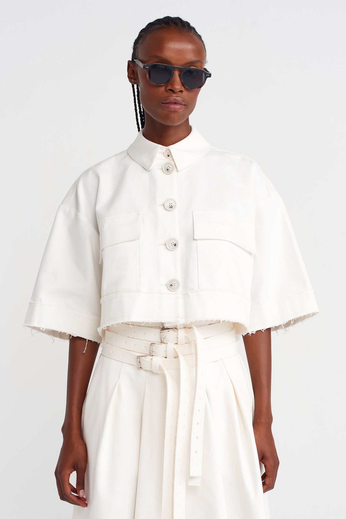 Off White Denim Crop Shirt-K251011123