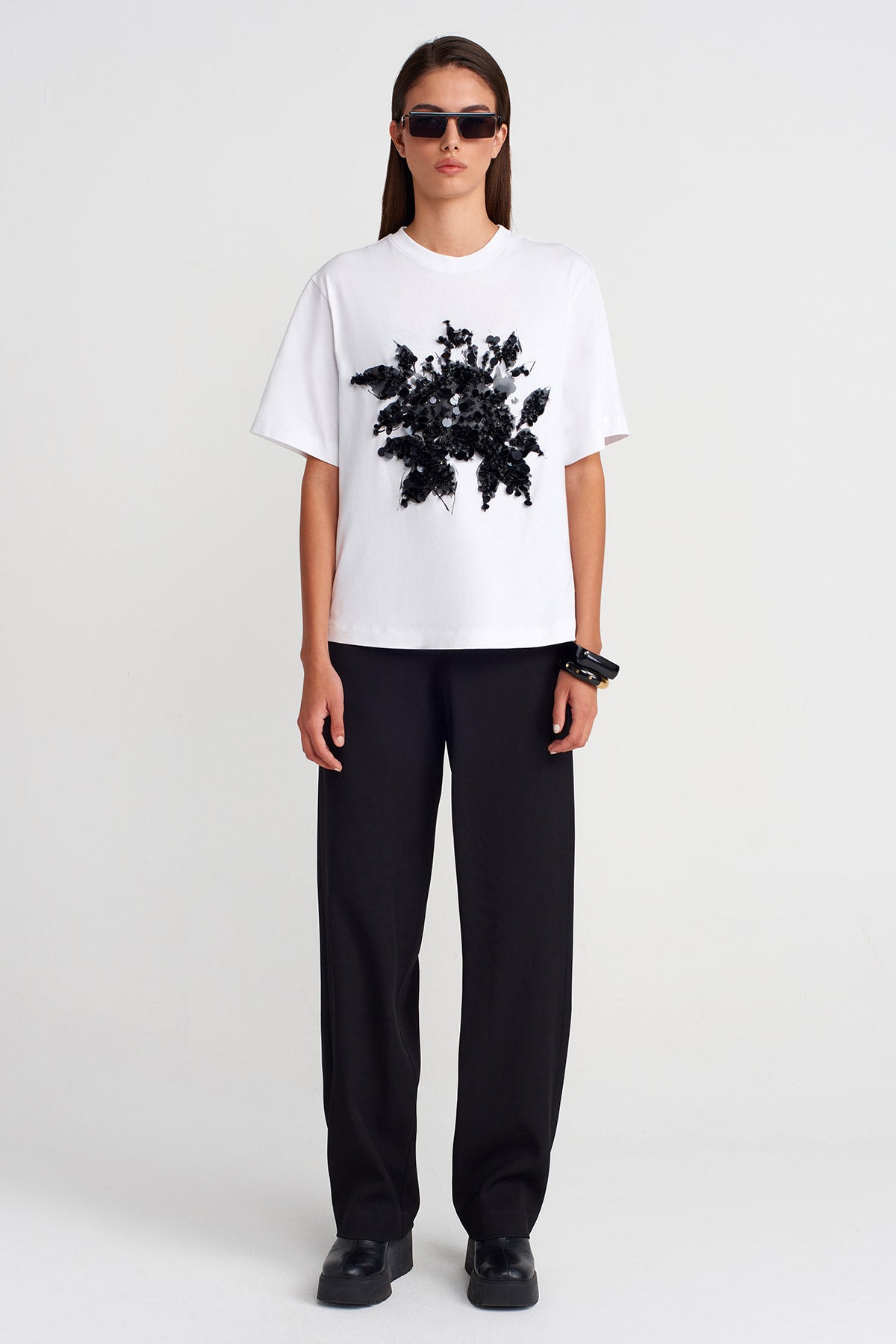 Off White Sequin Embellished Oversized T-Shirt-K251011125