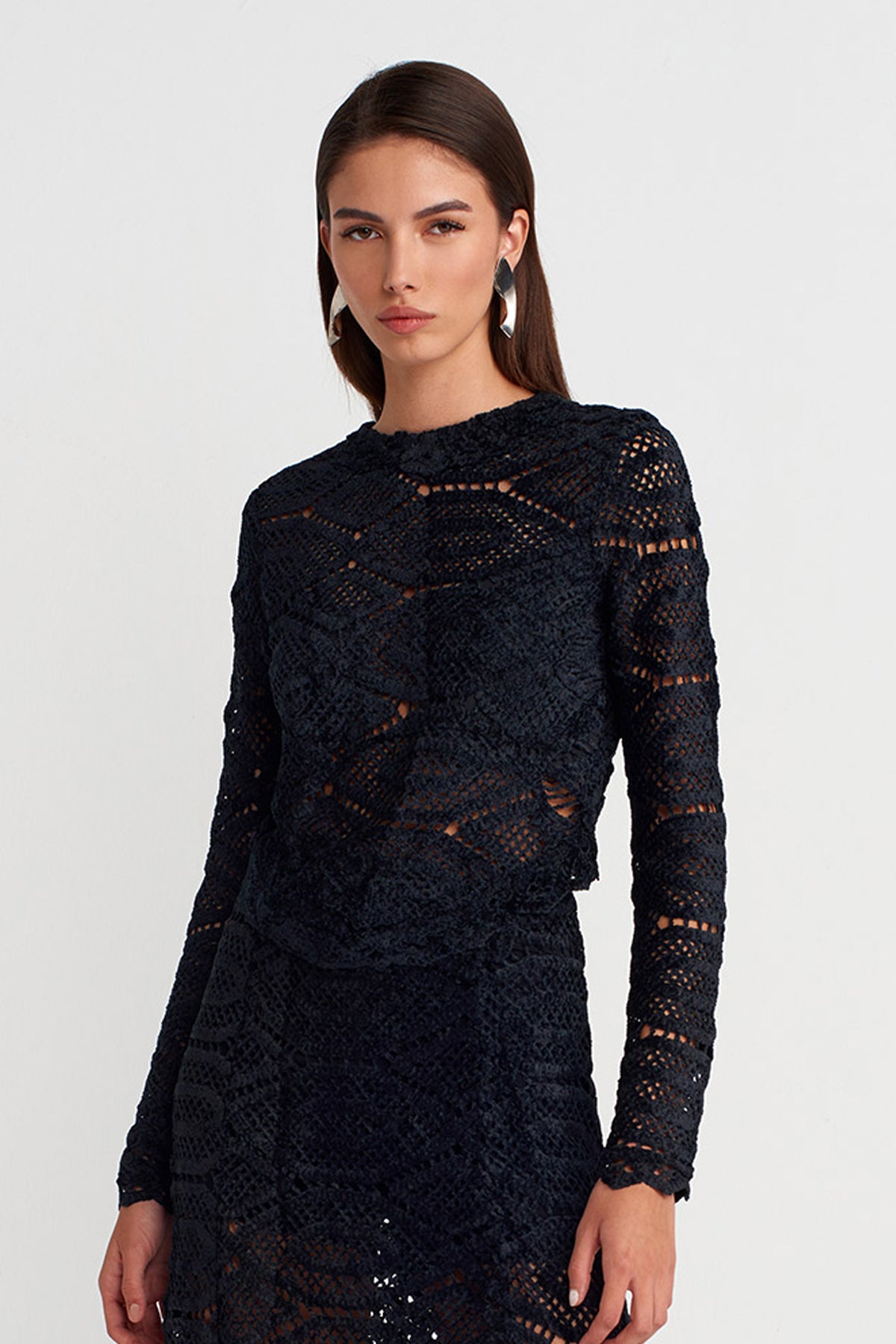 Black Oval Cut Textured Lace Blouse-K251011129