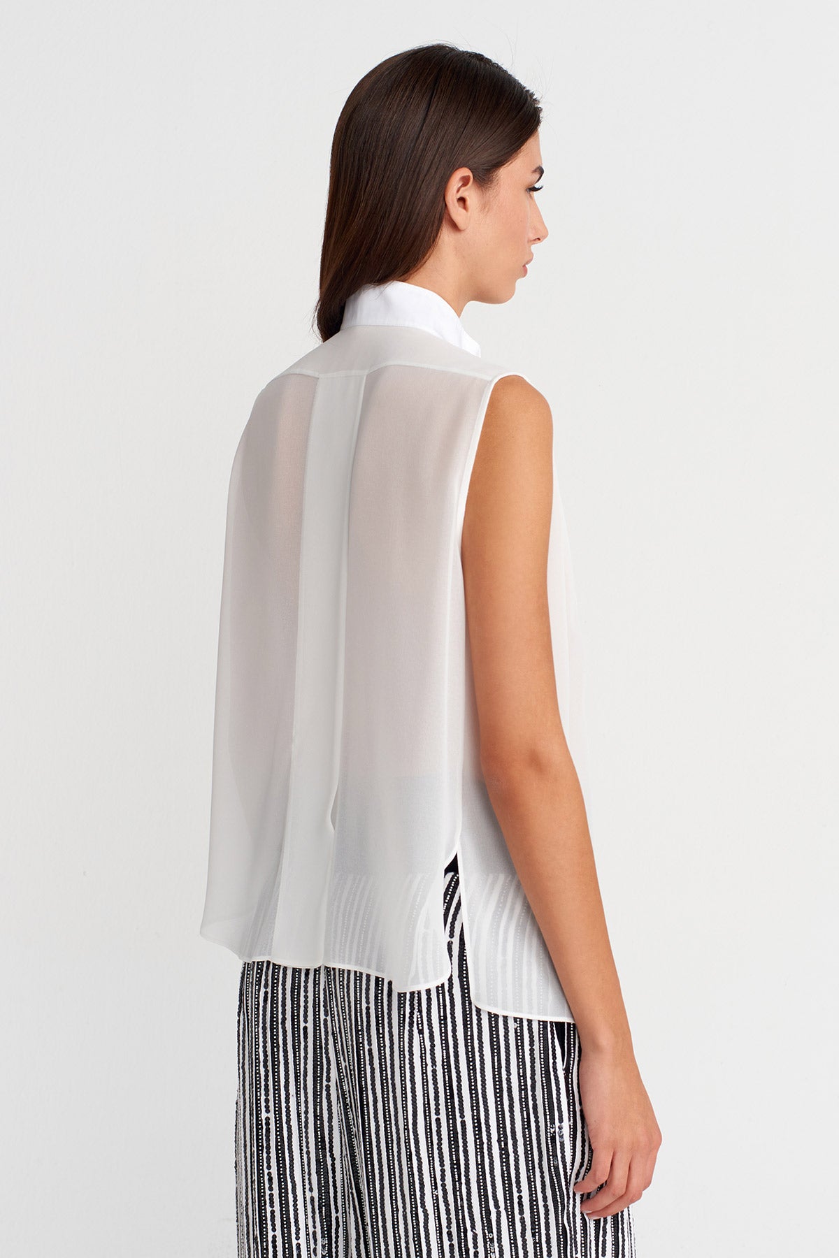 Off White Sleeveless Sheer Chiffon Shirt-K251011130