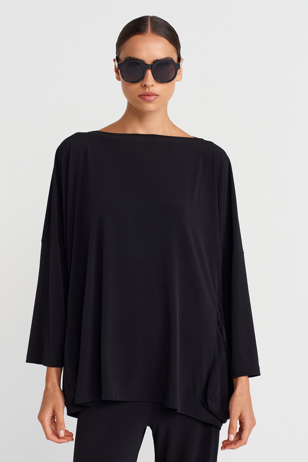 Black Oversized Jersey Blouse with Side Pockets-K251011133