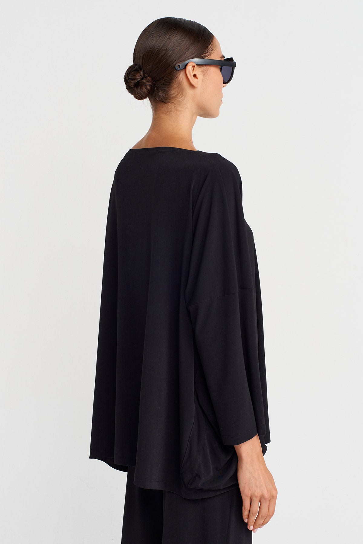 Black Oversized Jersey Blouse with Side Pockets-K251011133