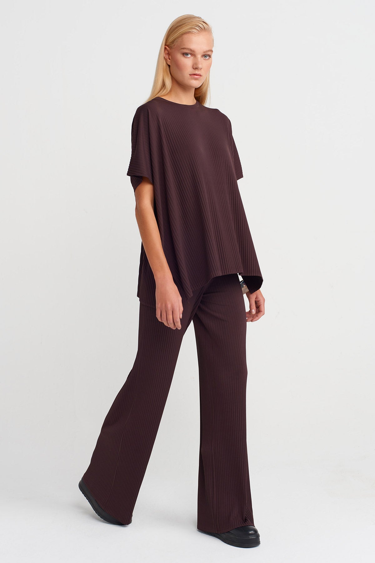 Dark Purple Pleated Oversize T-Shirt-K251011137