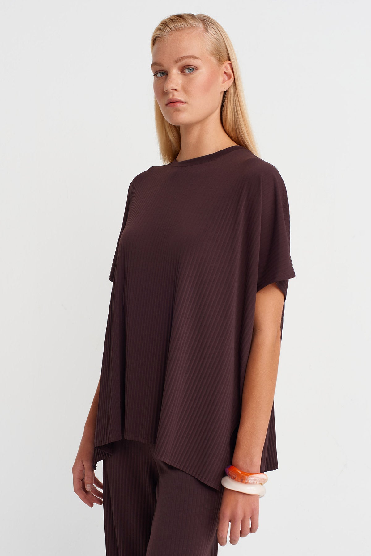 Dark Purple Pleated Oversize T-Shirt-K251011137