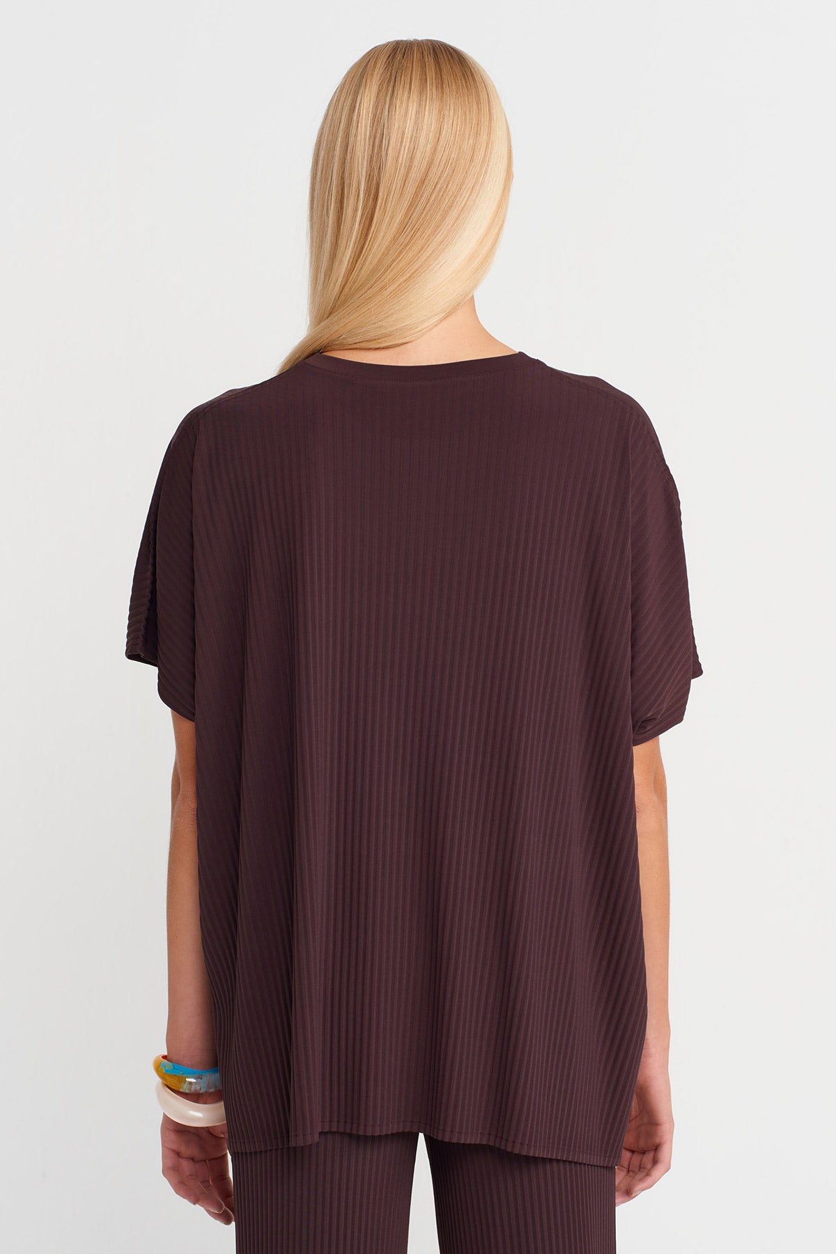 Dark Purple Pleated Oversize T-Shirt-K251011137