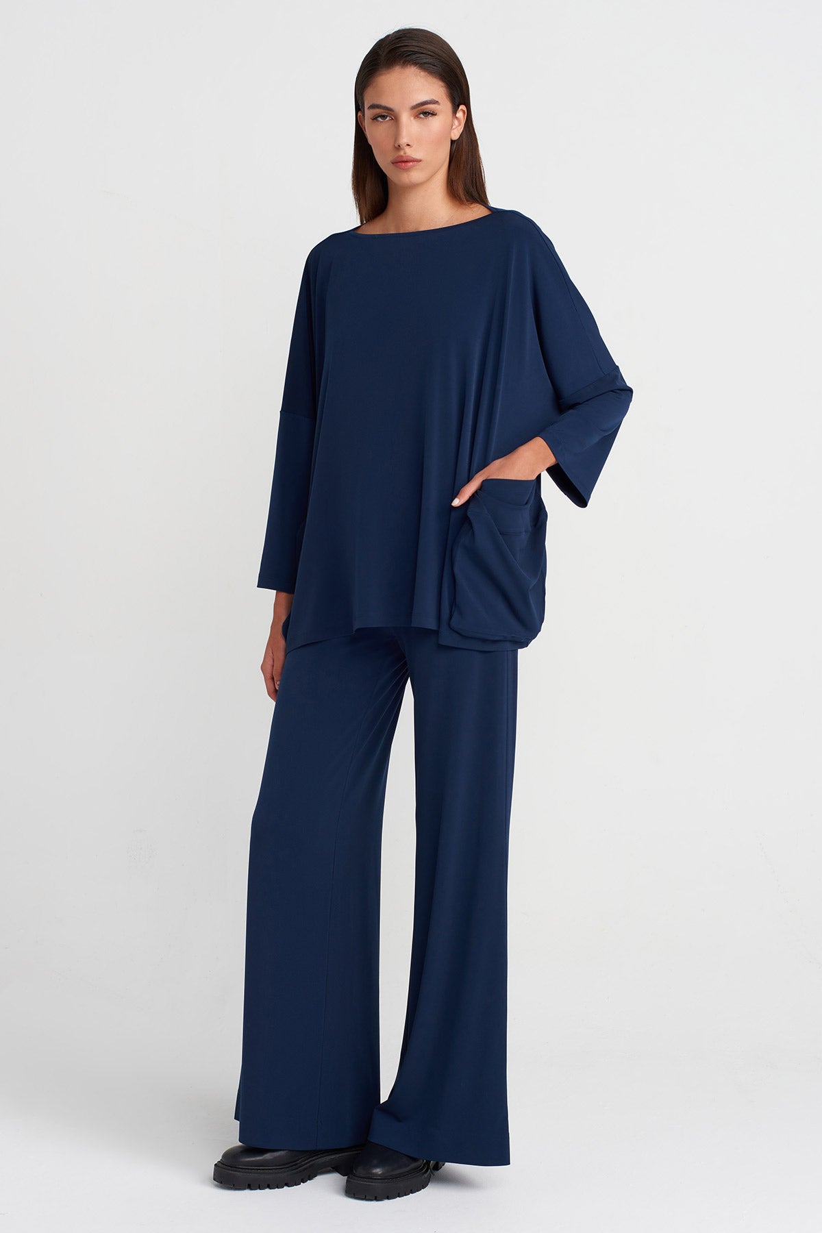 Black Blue Oversized Jersey Blouse-K251011139
