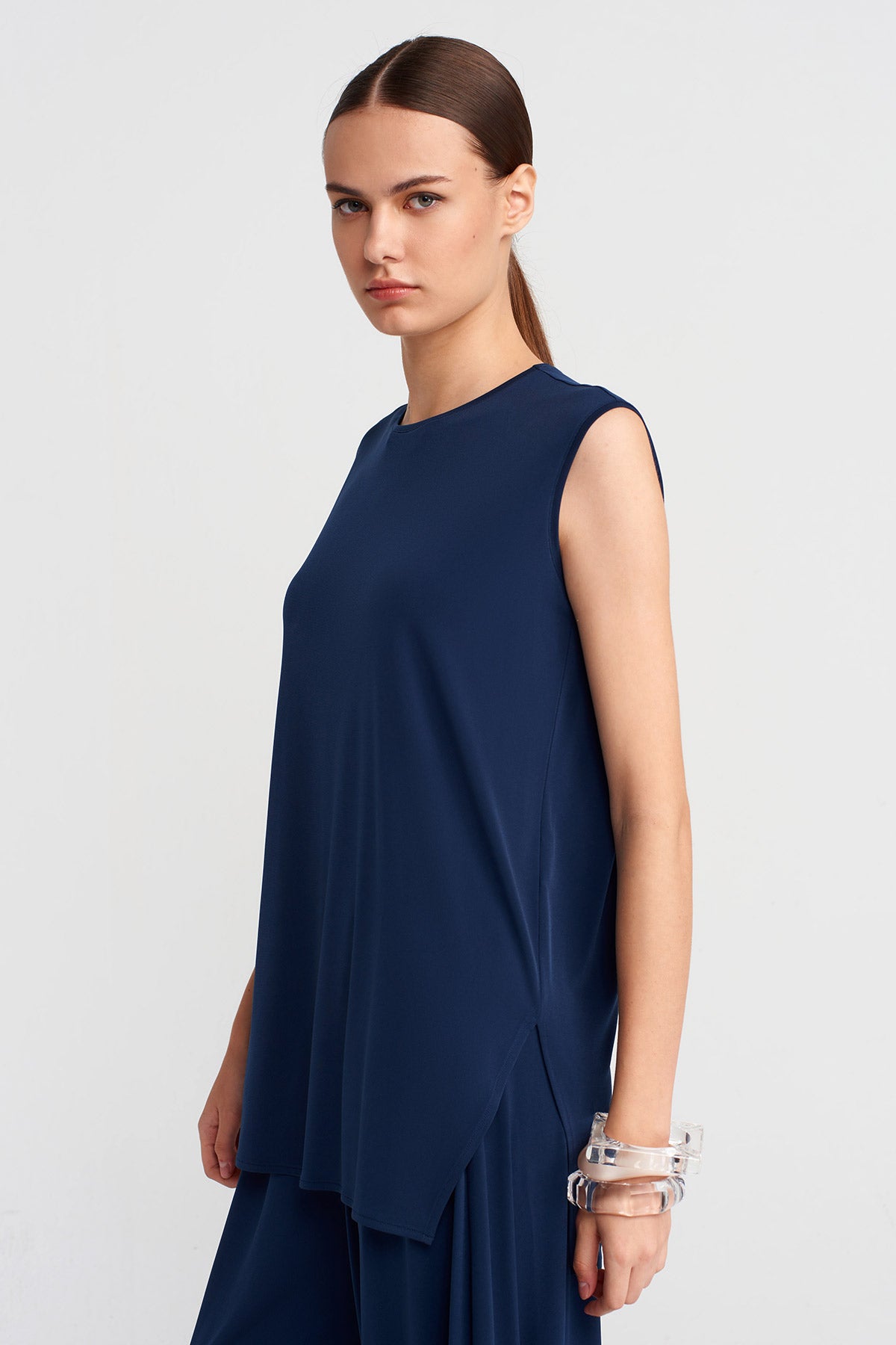 Black Blue Side Slit Jersey Blouse-K251011140