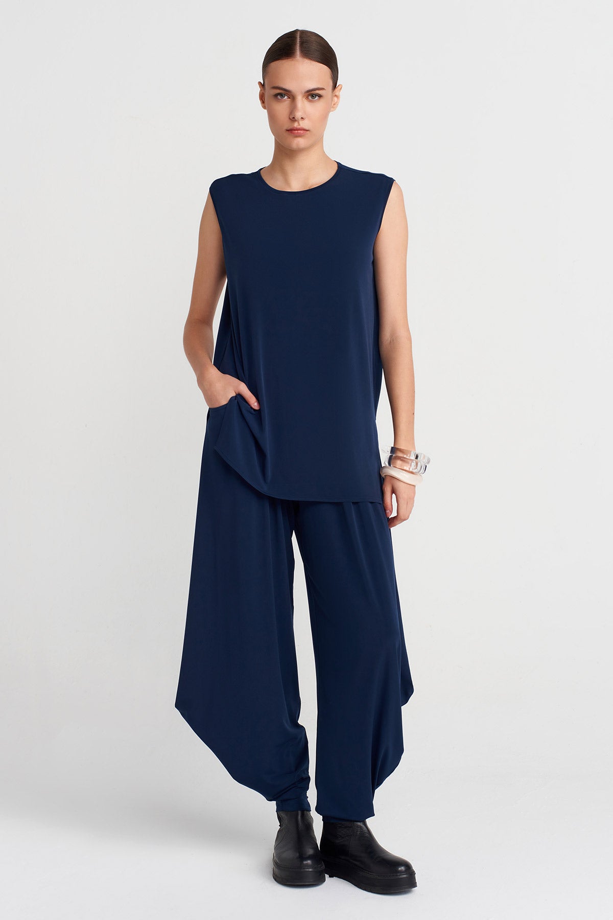 Black Blue Side Slit Jersey Blouse-K251011140