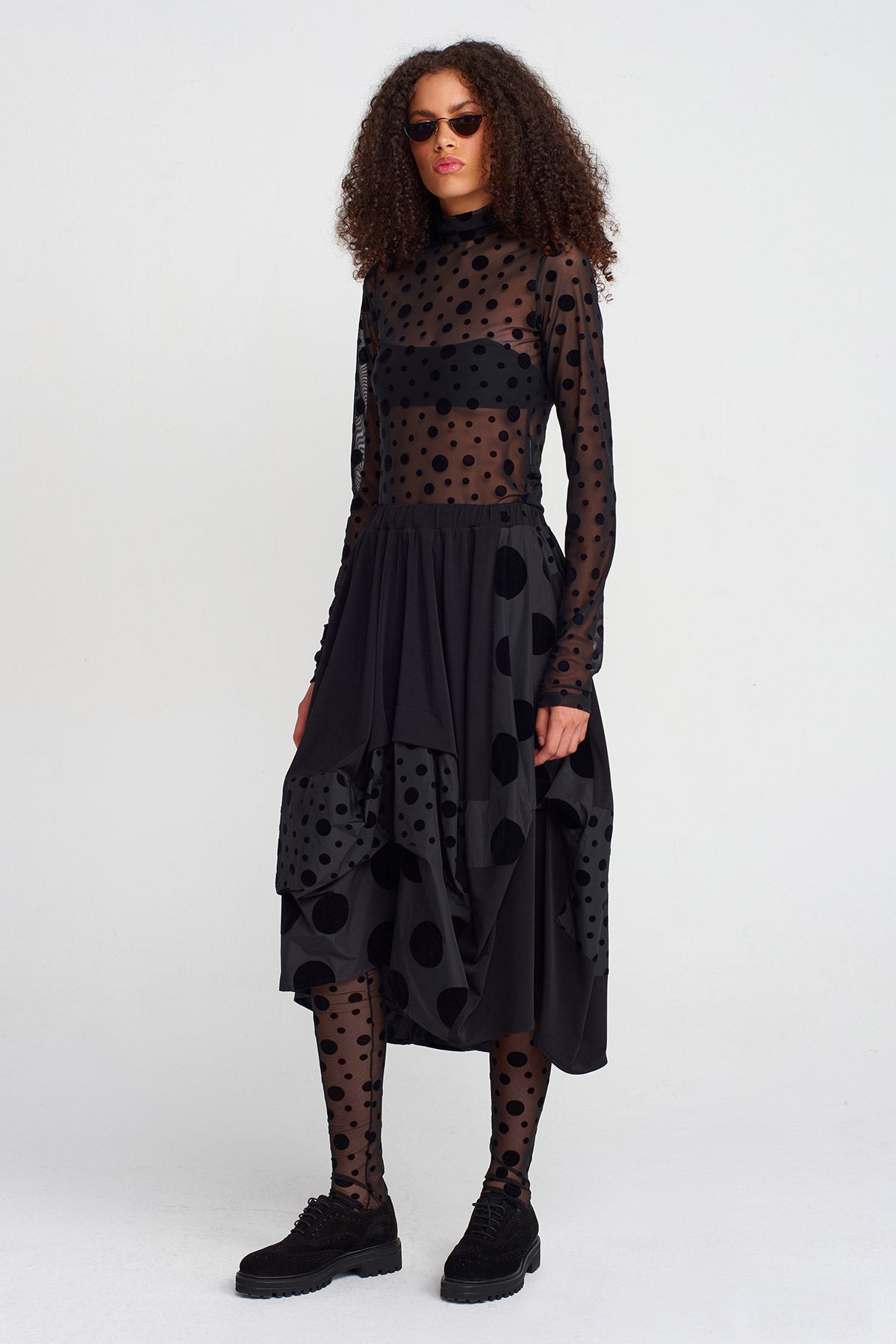 Multicolor Velvet Polka-Dot Jersey & Taffeta Skirt-K252012011