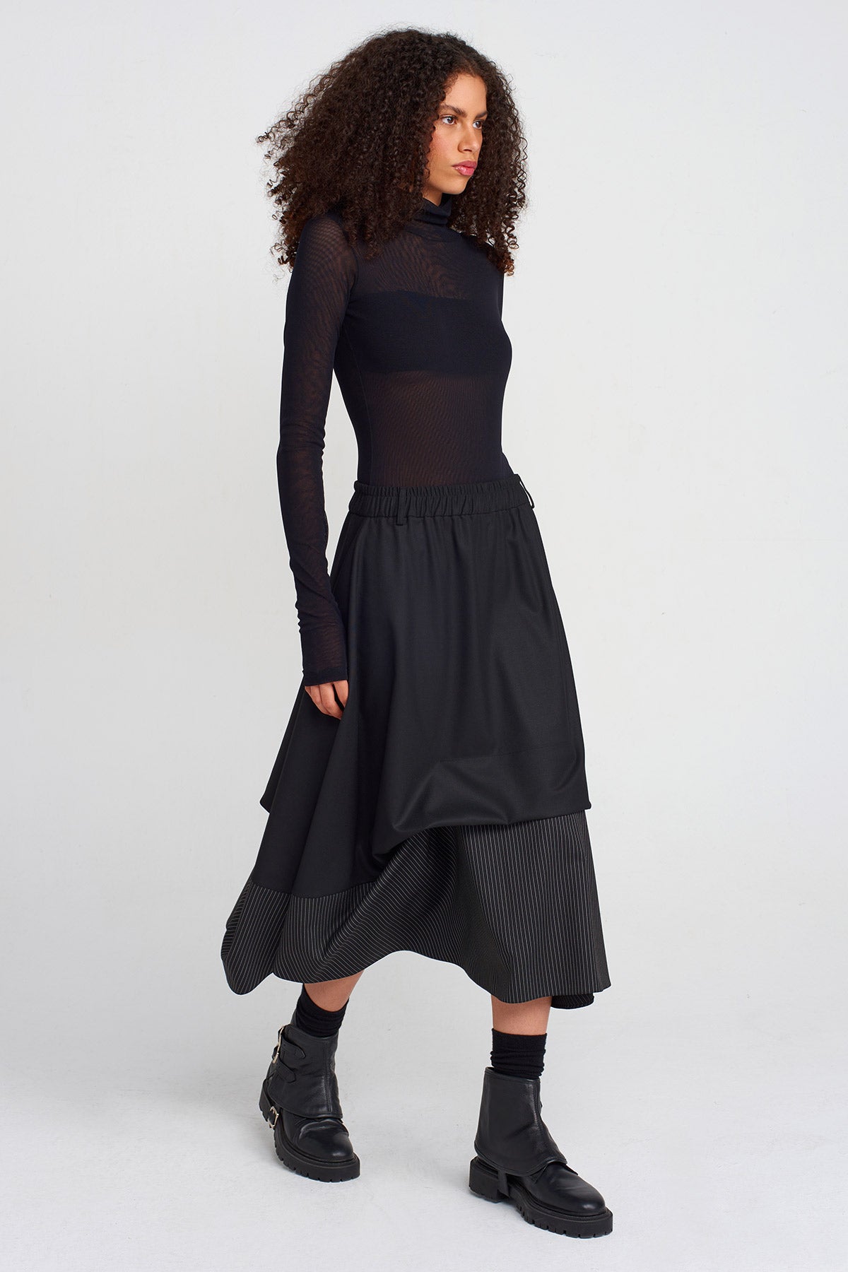 Black / Black Striped Fabric Detailed Midi Skirt-K252012012