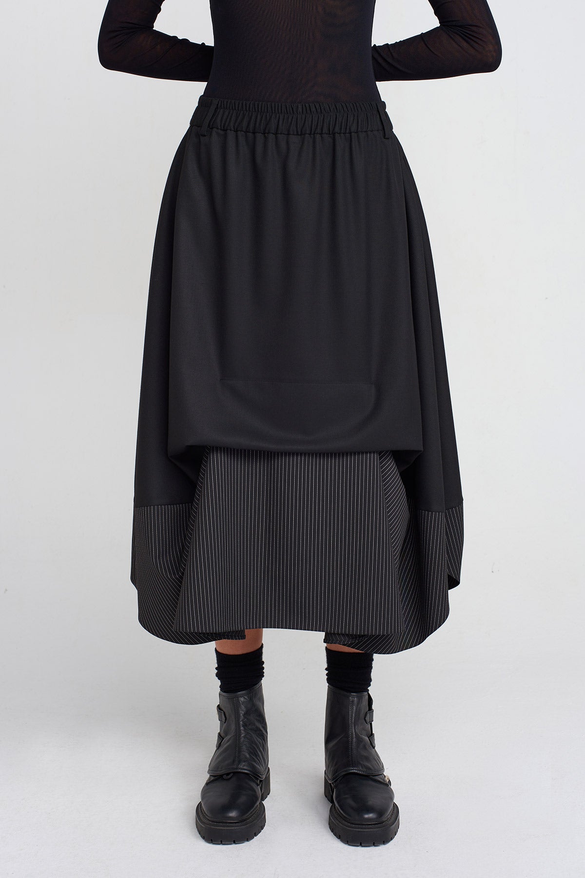 Black / Black Striped Fabric Detailed Midi Skirt-K252012012