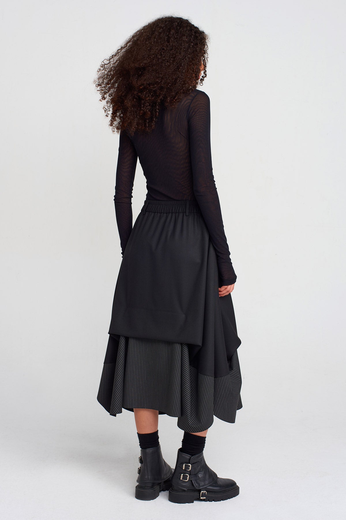 Black / Black Striped Fabric Detailed Midi Skirt-K252012012