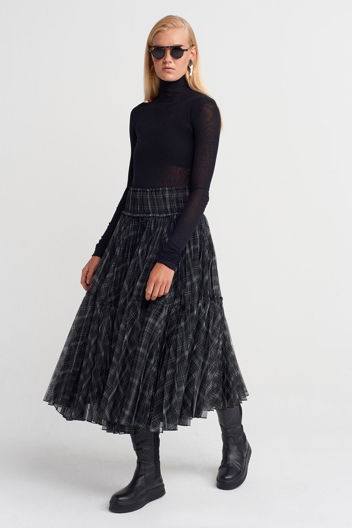 Grey/White Plaid Voluminous Tulle Skirt-K252012014