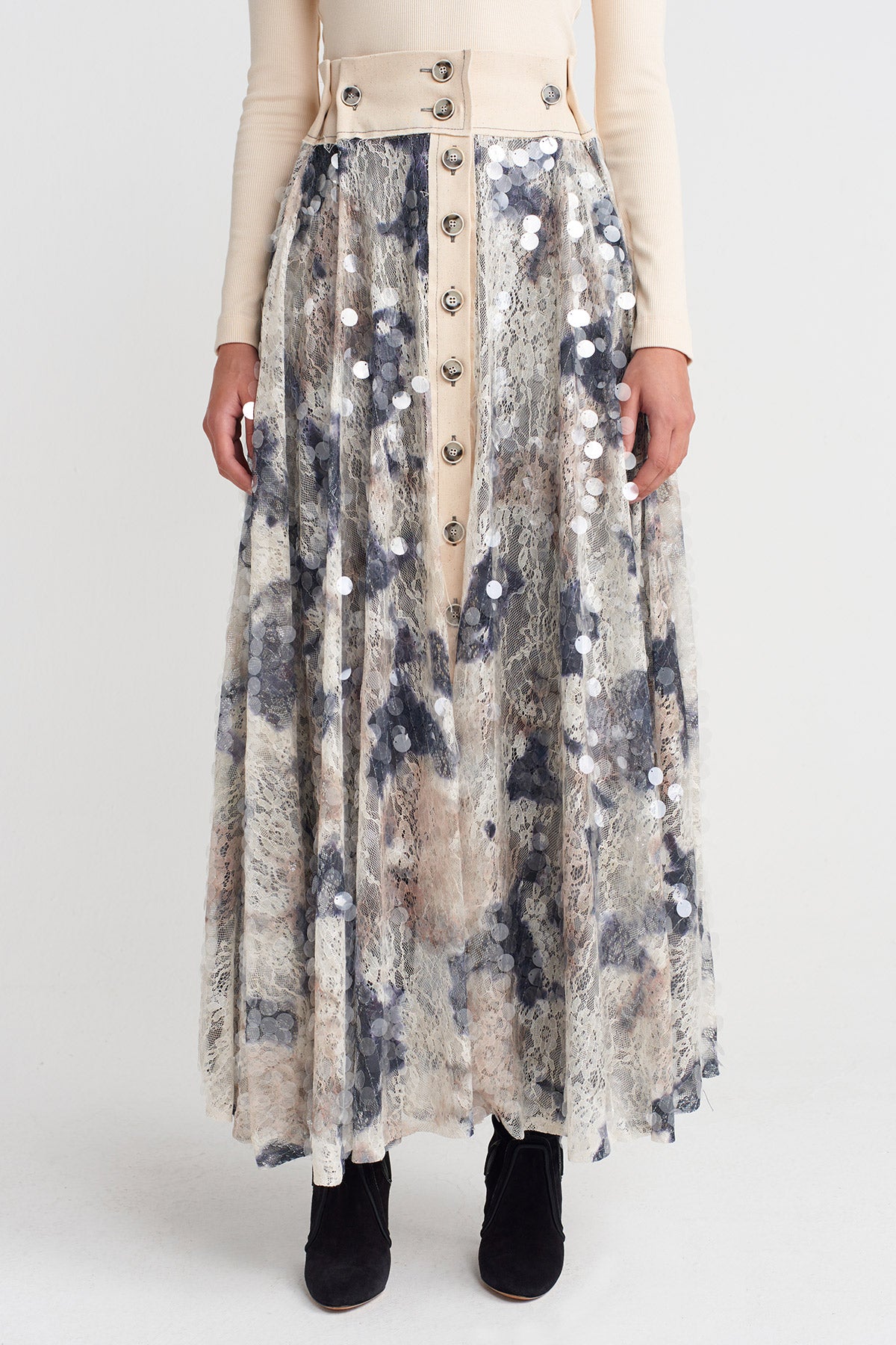Sequin-Embroidered Guipure Maxi Skirt-K252012020