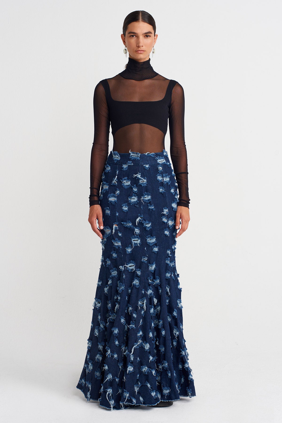Indigo Distressed Mermaid-Cut Denim Skirt -K252012022