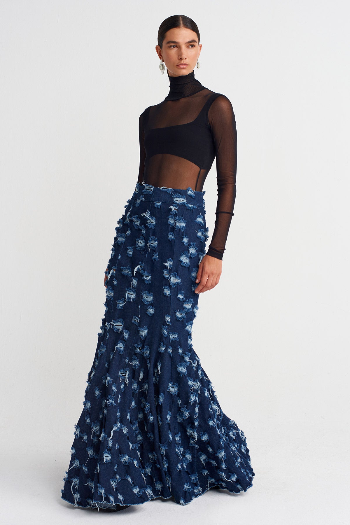 Indigo Distressed Mermaid-Cut Denim Skirt -K252012022