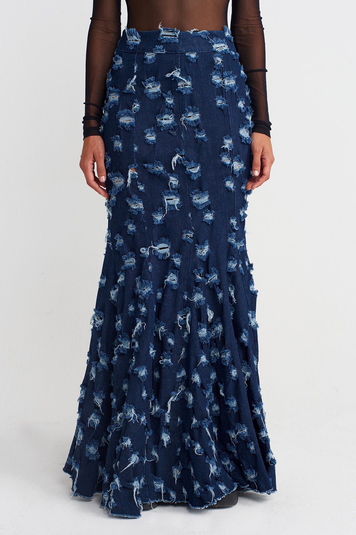 Indigo Distressed Mermaid-Cut Denim Skirt -K252012022