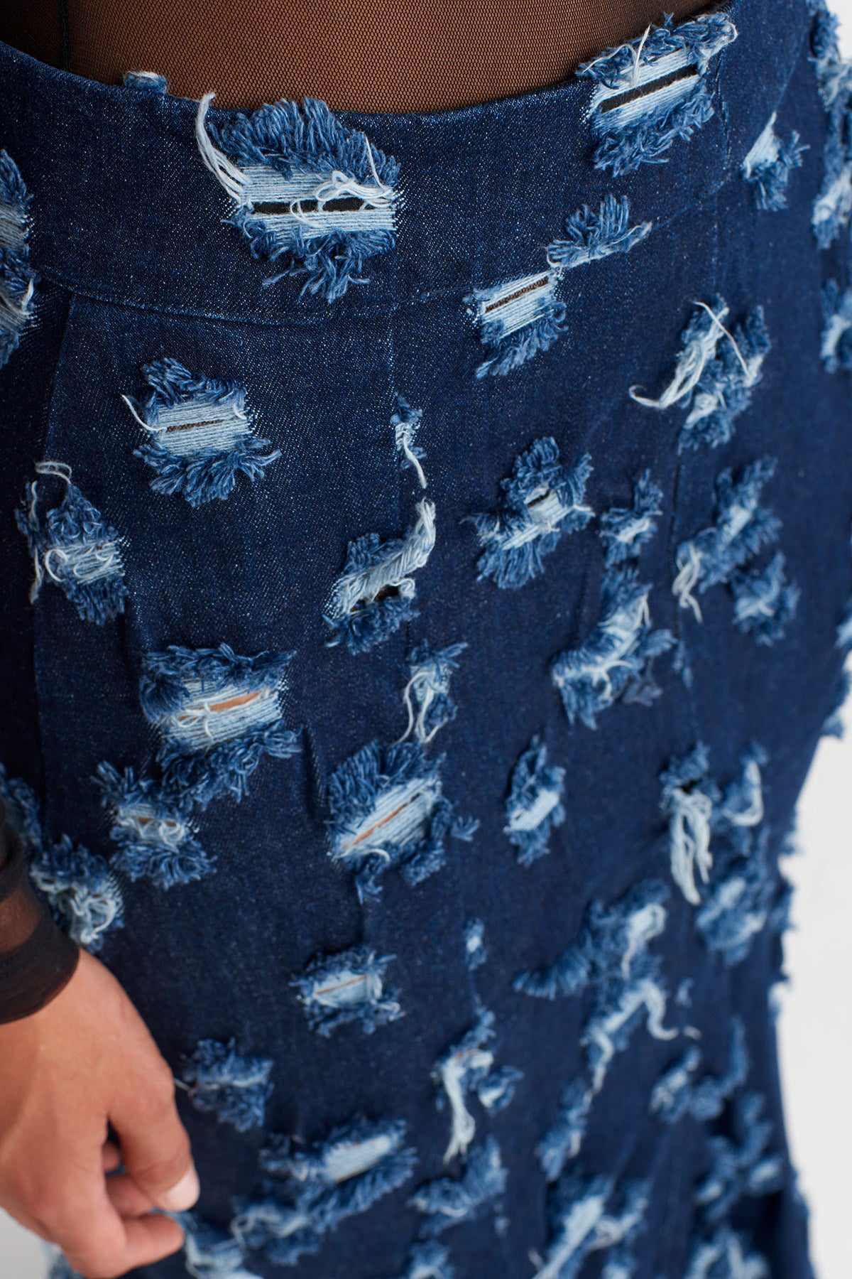 Indigo Distressed Mermaid-Cut Denim Skirt -K252012022