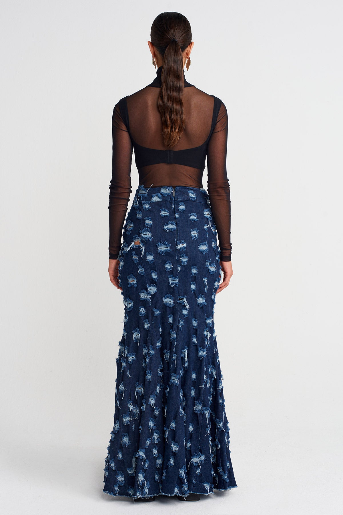 Indigo Distressed Mermaid-Cut Denim Skirt -K252012022
