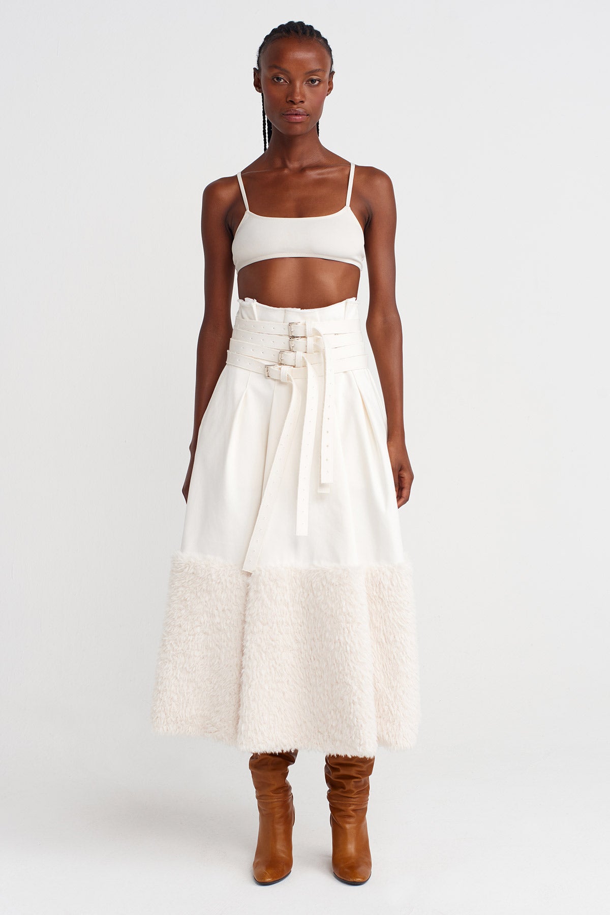 Off White Multi-Belted Denim-Fur Combo Skirt-K252012023