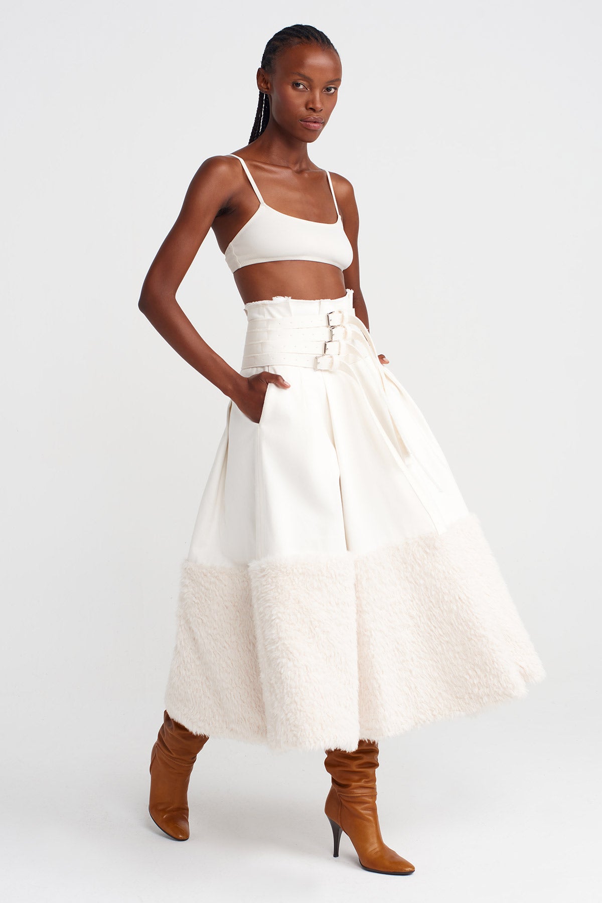 Off White Multi-Belted Denim-Fur Combo Skirt-K252012023