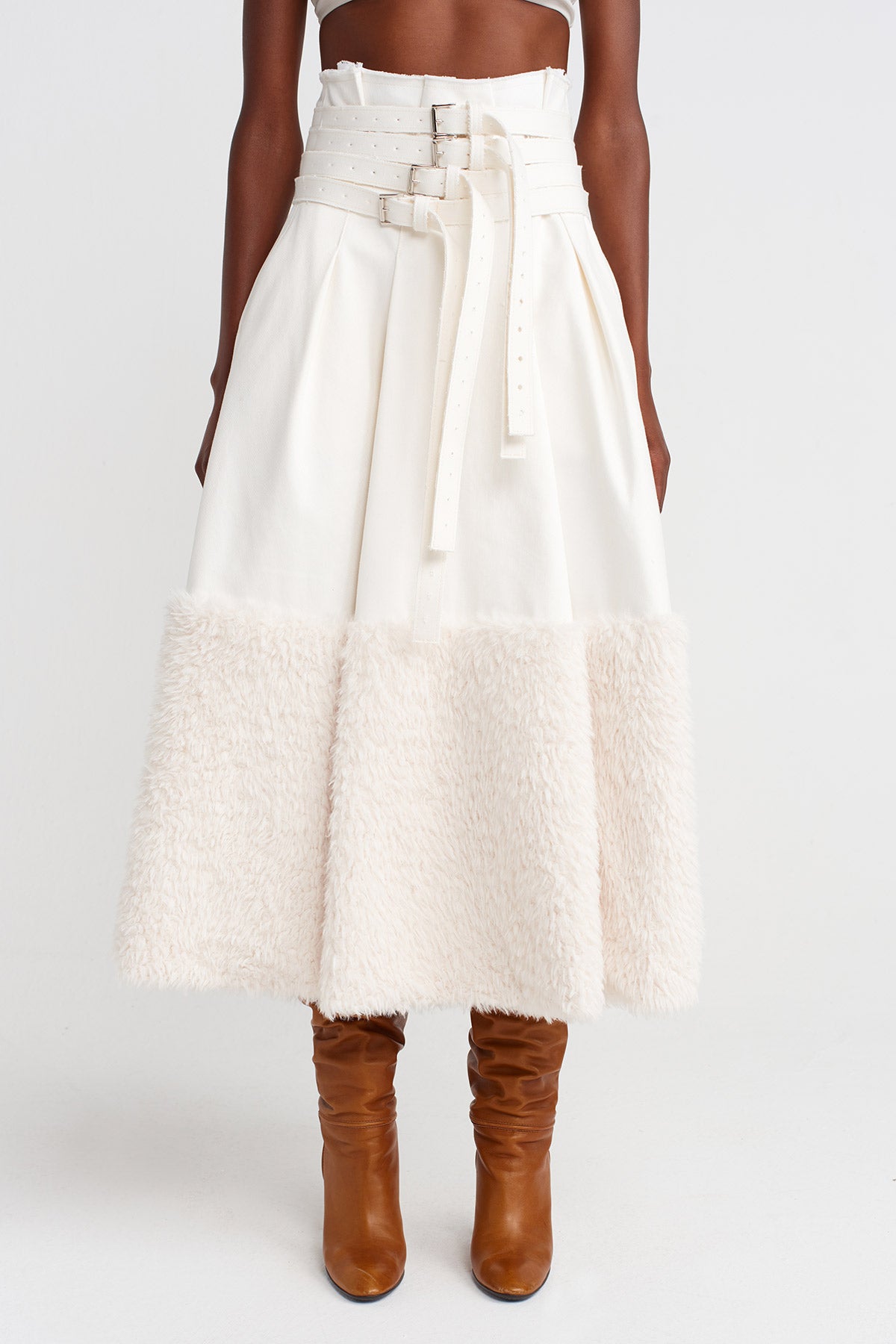 Off White Multi-Belted Denim-Fur Combo Skirt-K252012023
