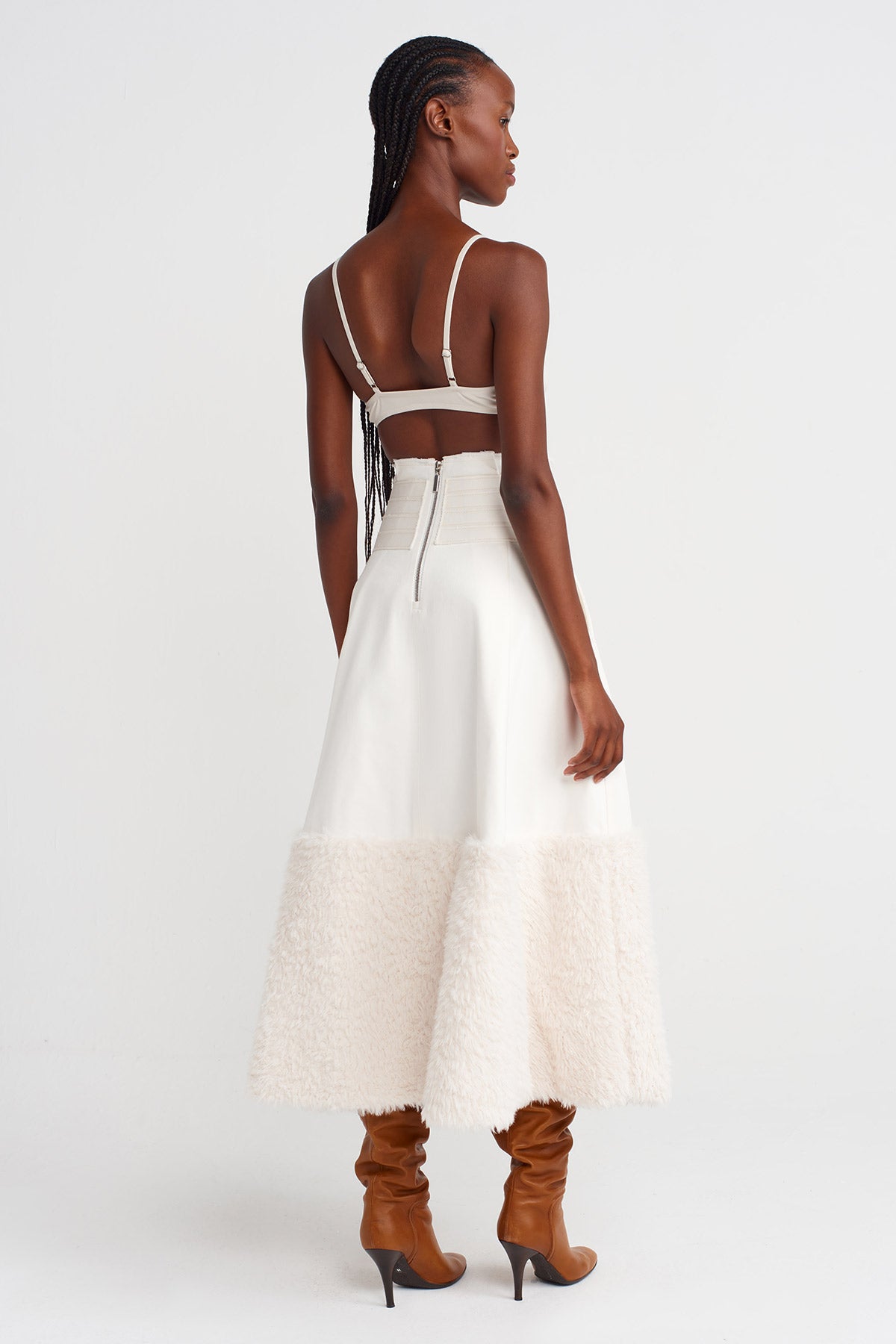 Off White Multi-Belted Denim-Fur Combo Skirt-K252012023