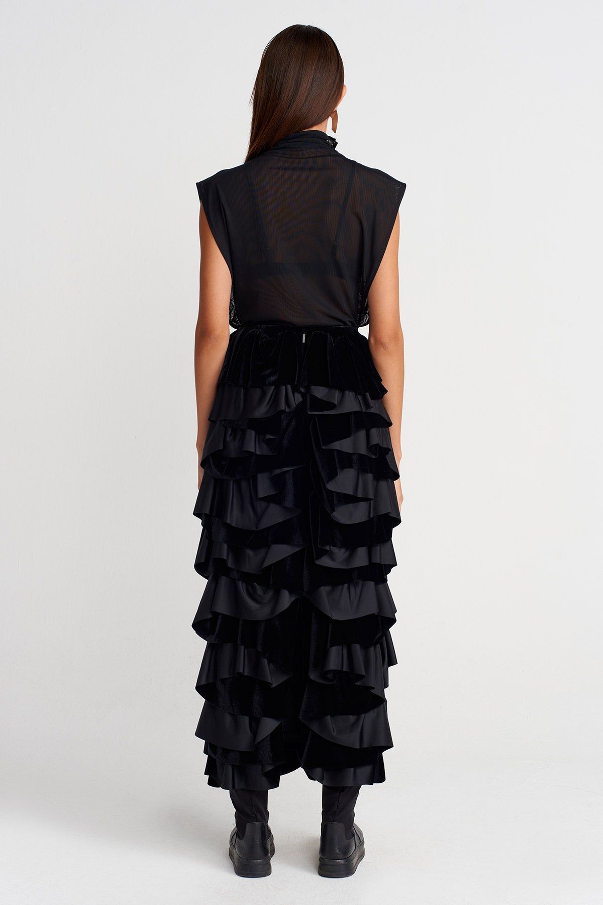 Black Ruffled Velvet Midi Skirt-K252012024
