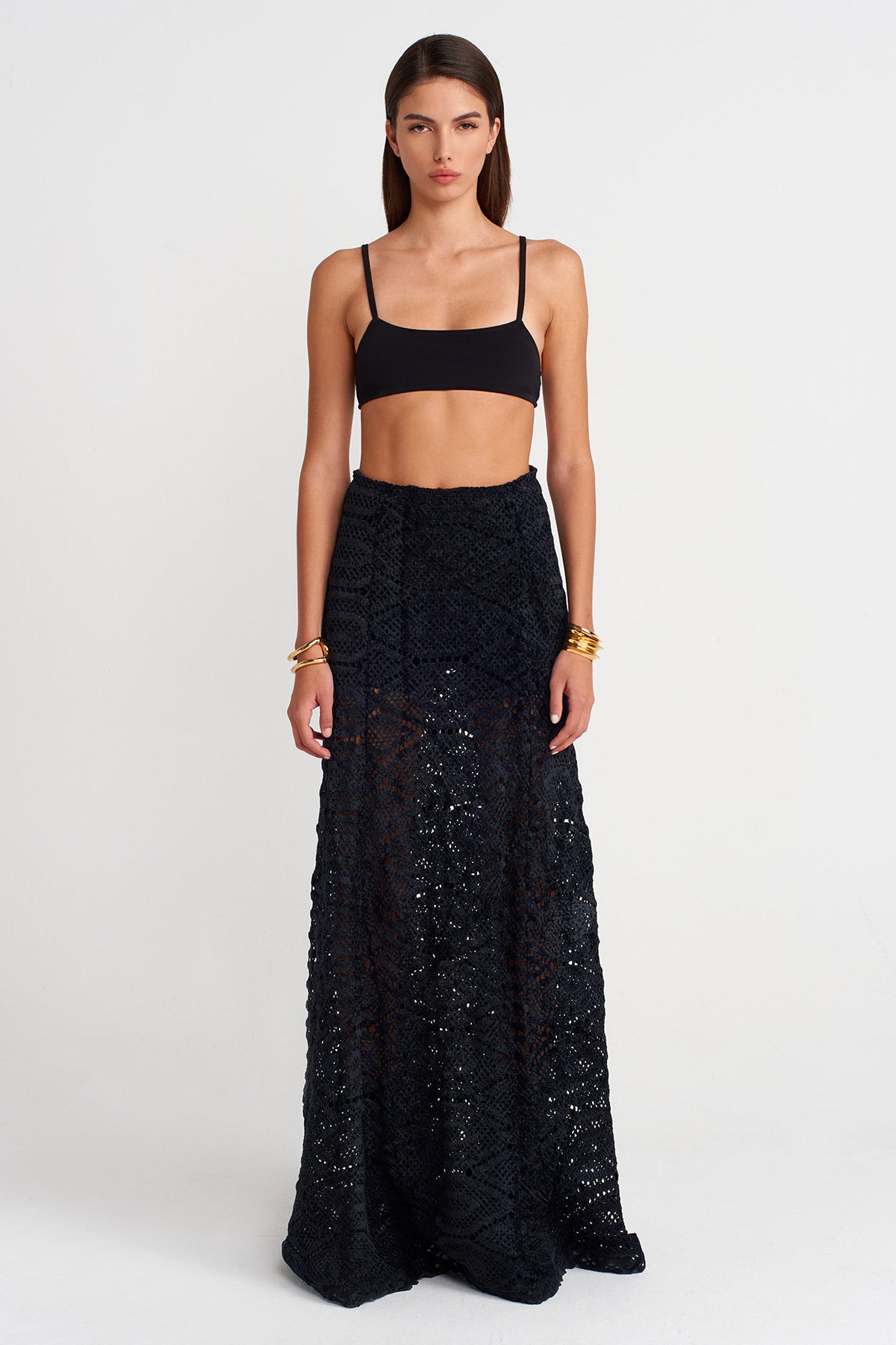 Black Velvet Lace Maxi Skirt-K252012025