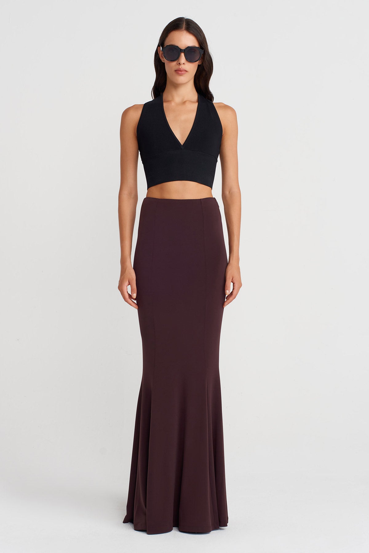 Dark Purple Long Fish-Cut Jersey Skirt-K252012026