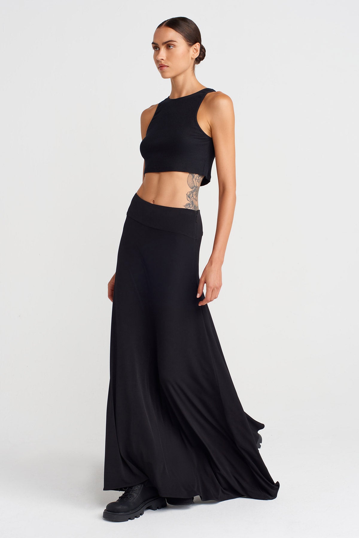 Black Long A-Line Jersey Skirt-K252012027