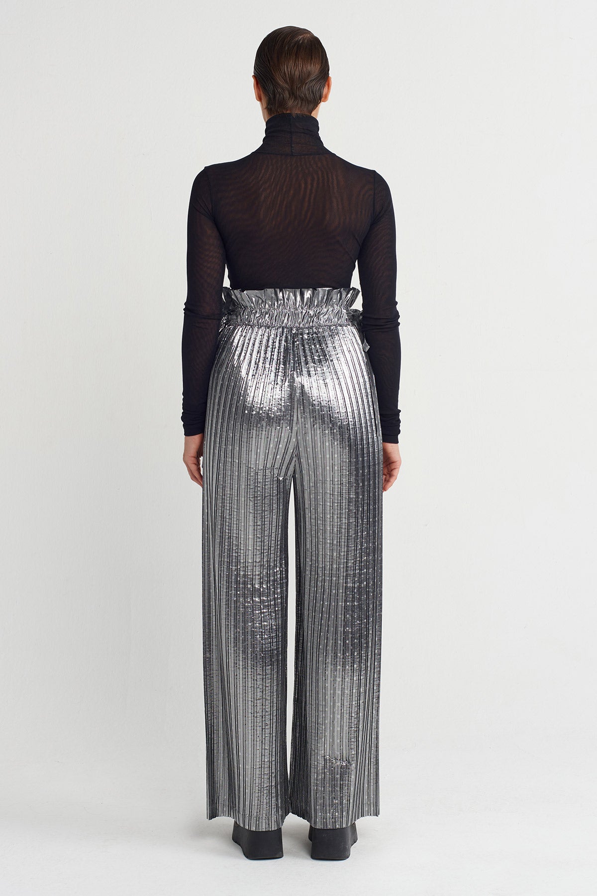 Silver High-Waisted Pleated Trousers-K253013010