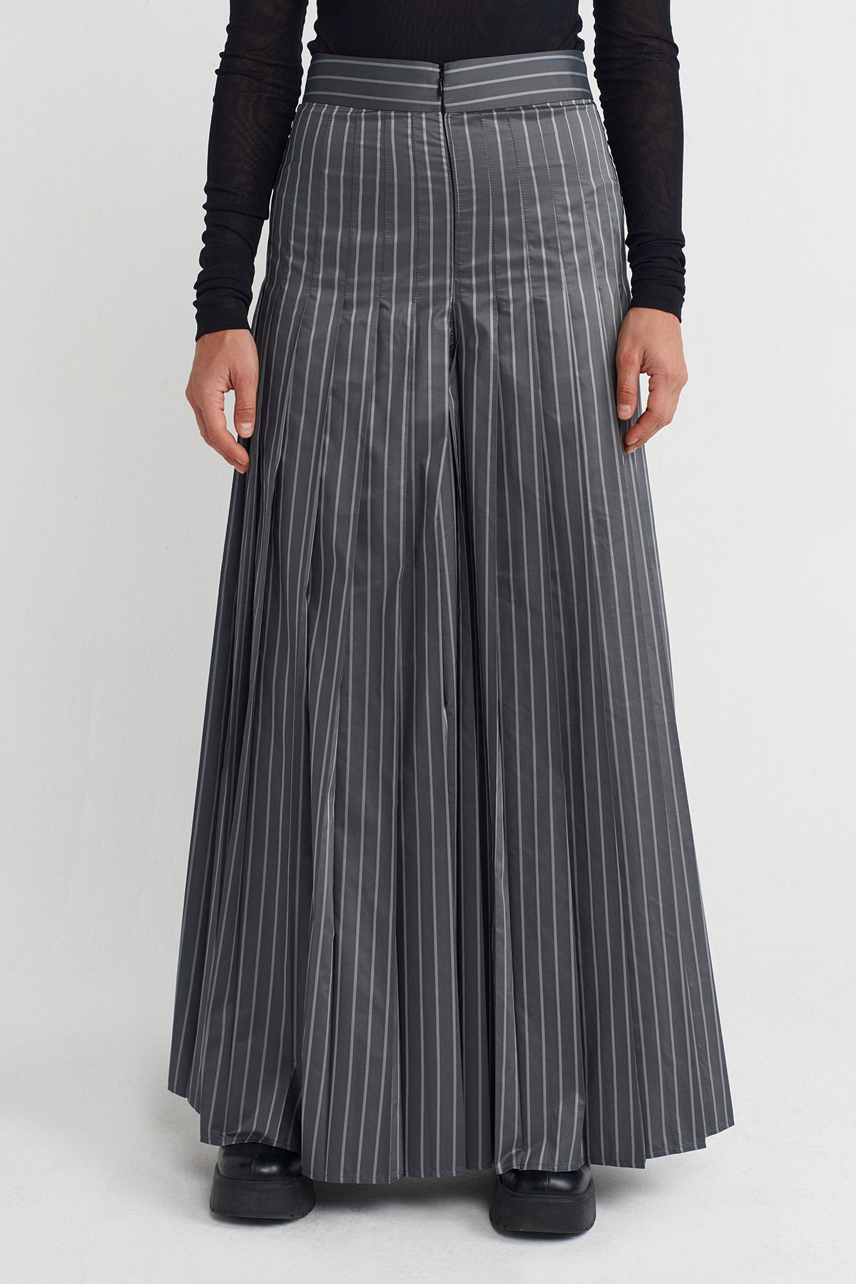 Grey Melange Striped High-Waisted Palazzo Trousers-K253013011