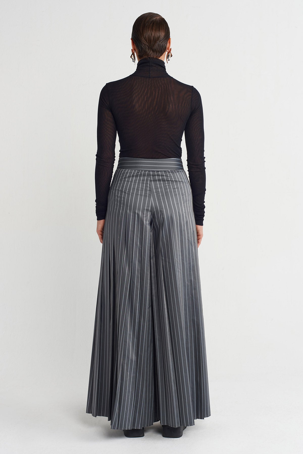 Grey Melange Striped High-Waisted Palazzo Trousers-K253013011