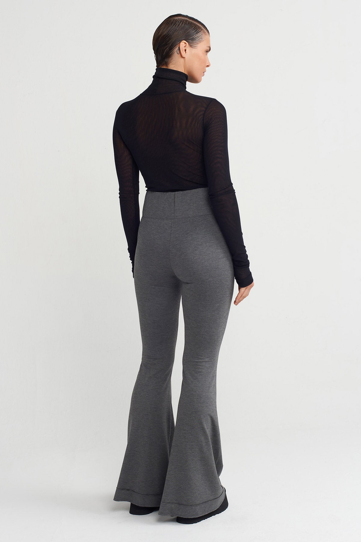Grey Melange Flared Comfortable Trousers-K253013012