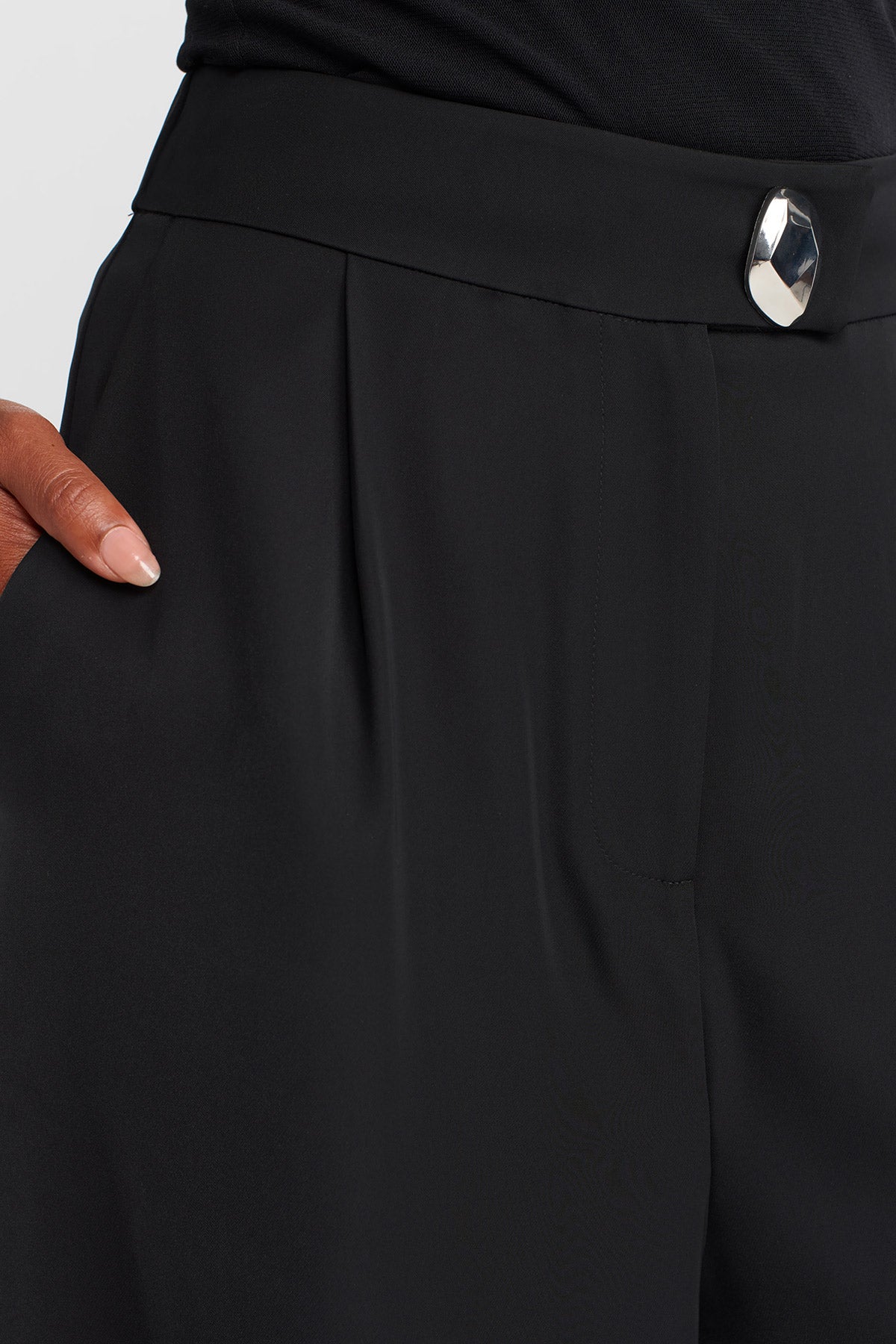 Black High-Waisted Silver Button Palazzo Trousers-K253013020