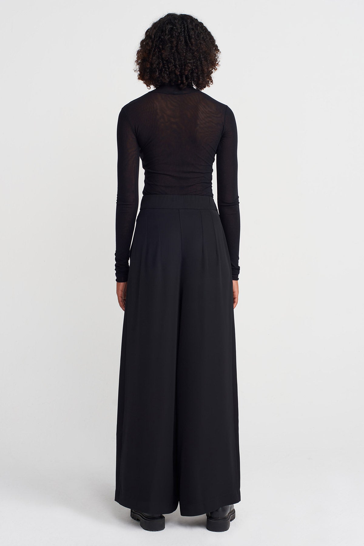Black High-Waisted Silver Button Palazzo Trousers-K253013020
