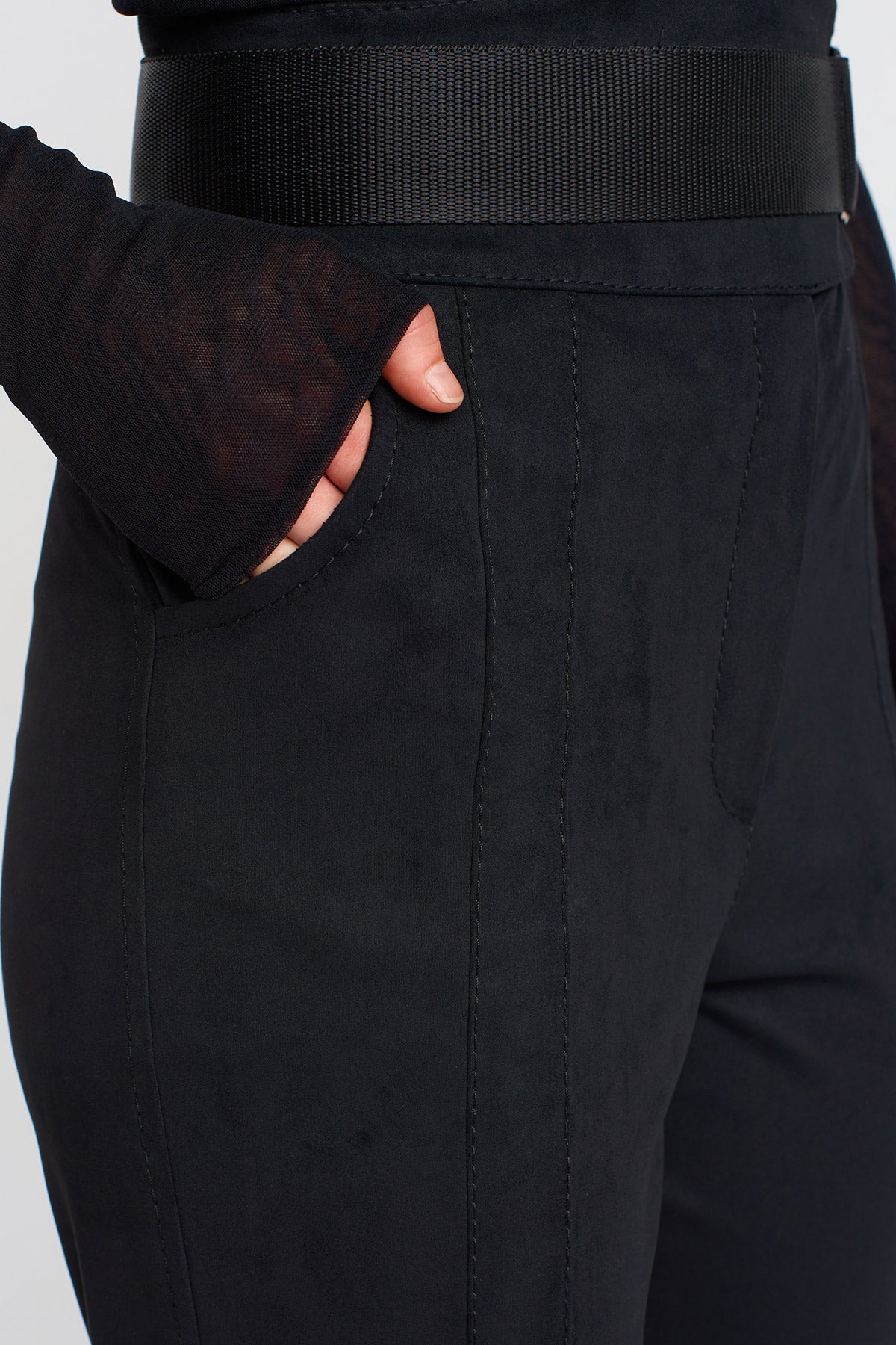 Black High-Waisted Slim Pants with Built-In Belt-K253013021