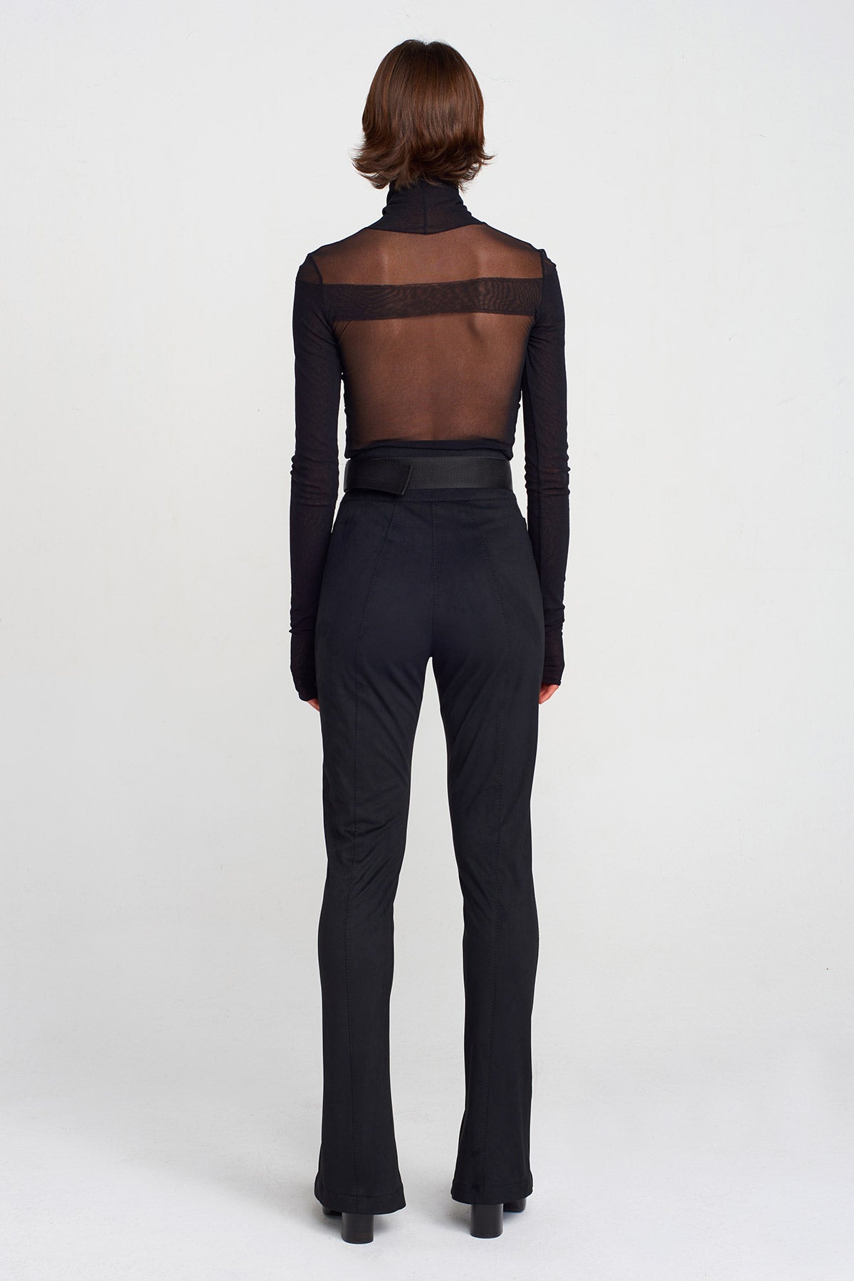 Black High-Waisted Slim Pants with Built-In Belt-K253013021