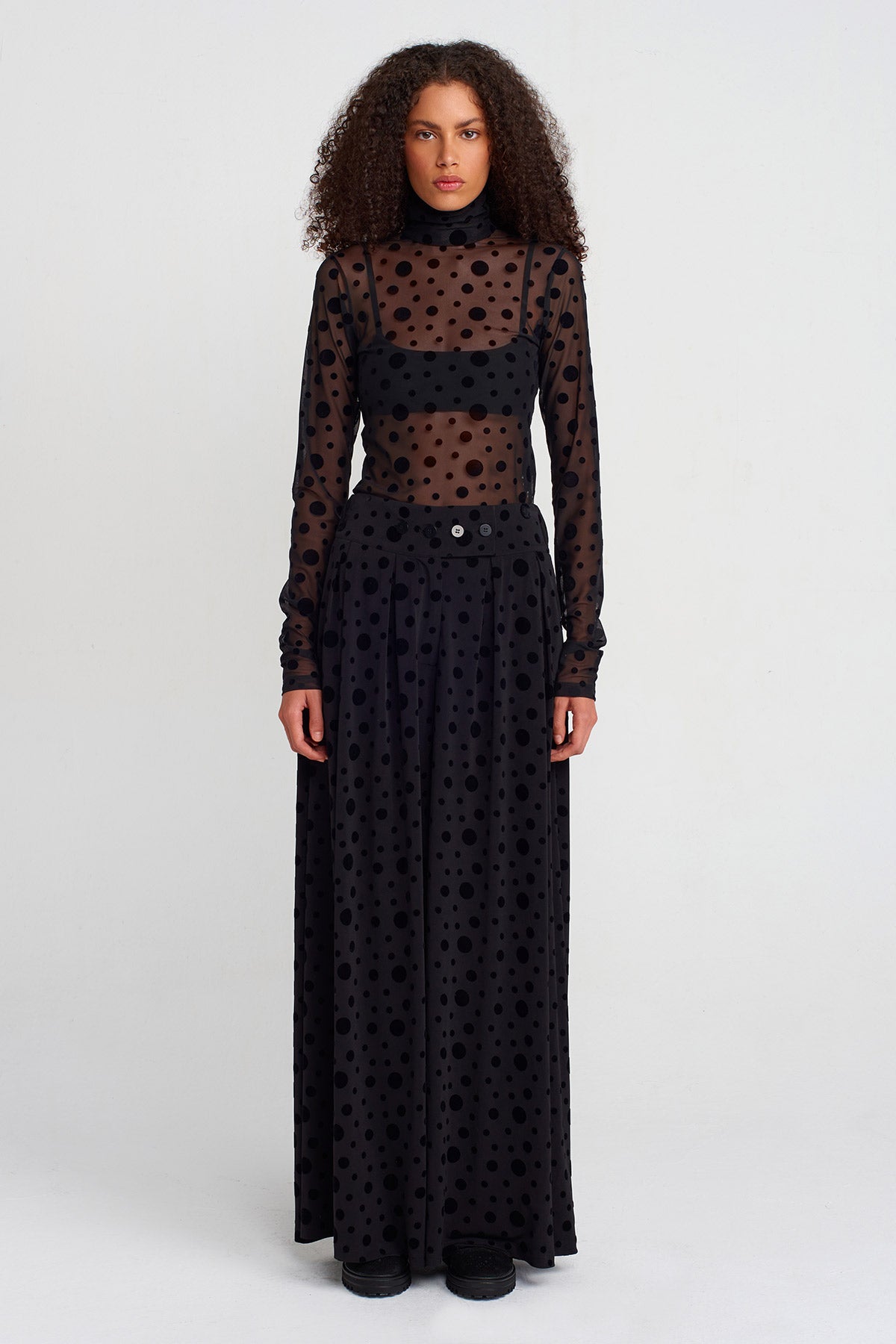 Black Velvet Polka-Dot Jersey Trousers-K253013031