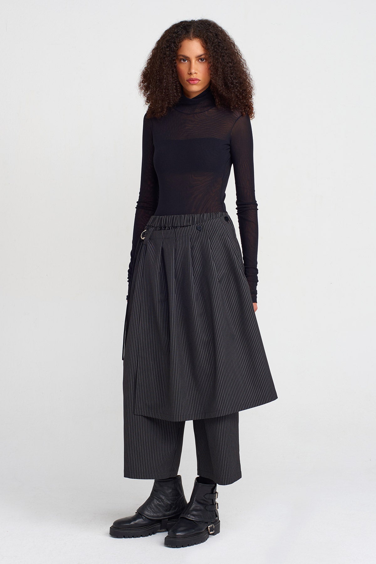 Black Striped Pants with Front Skirt Detail-K253013037
