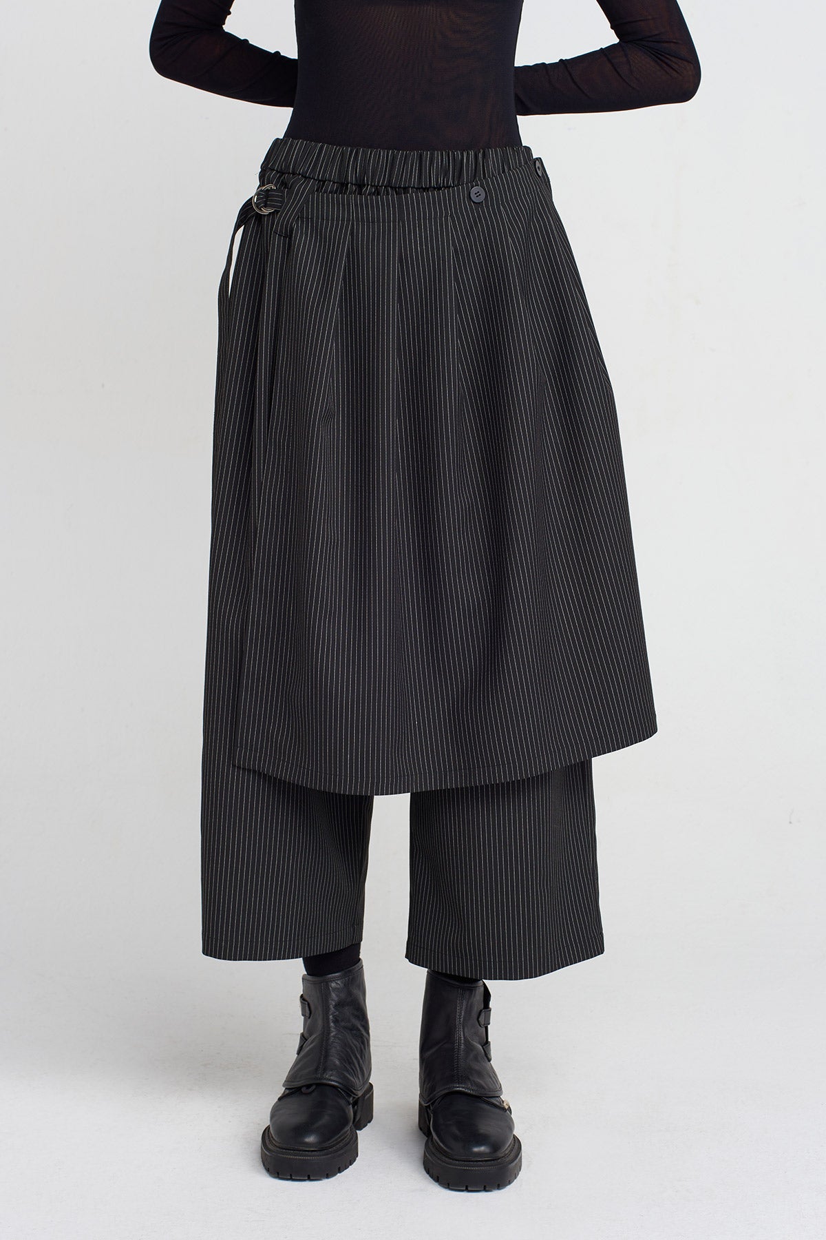 Black Striped Pants with Front Skirt Detail-K253013037